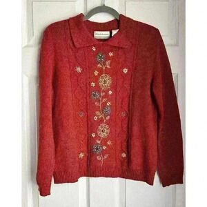 Alfred Dunner Vintage Cable Knit Embroidered Collared Sweater Womens Petite M
